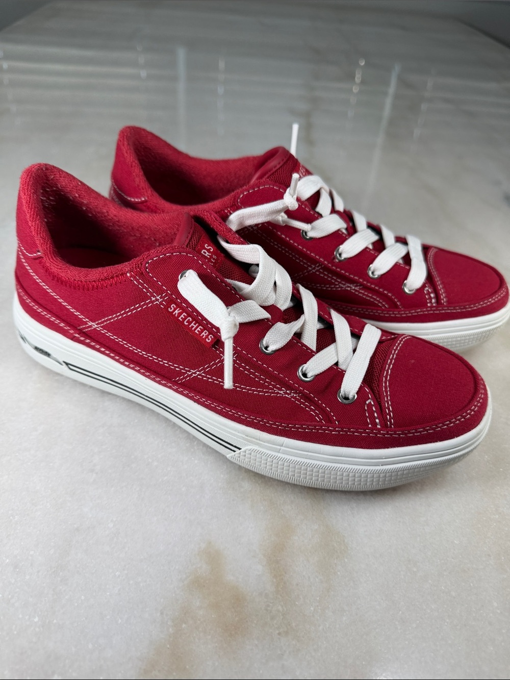 Skechers Red Canvas Low-Top Sneakers with White Soles
